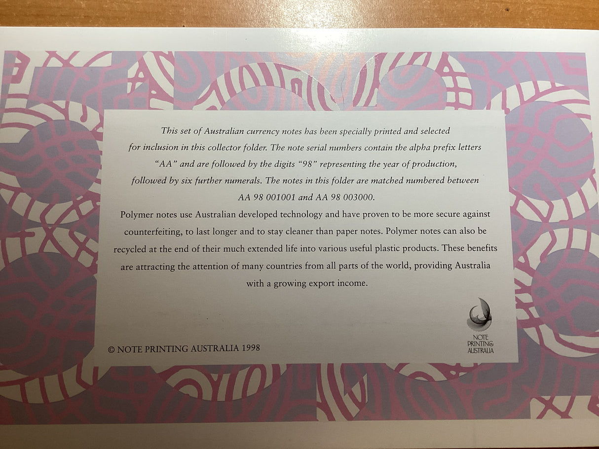 1998 Australian Uncirculated Low Numbered Note Set. Deluxe Edition. $5, $10, $20, $50, $100.