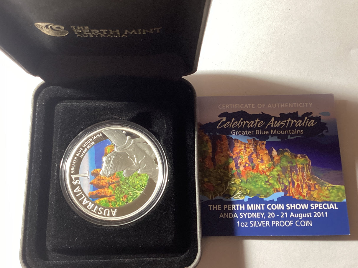 2011 $1 1oz Silver Proof Coin. World Heritage Sites.Great Blue Mountains. ANDA Sydney.