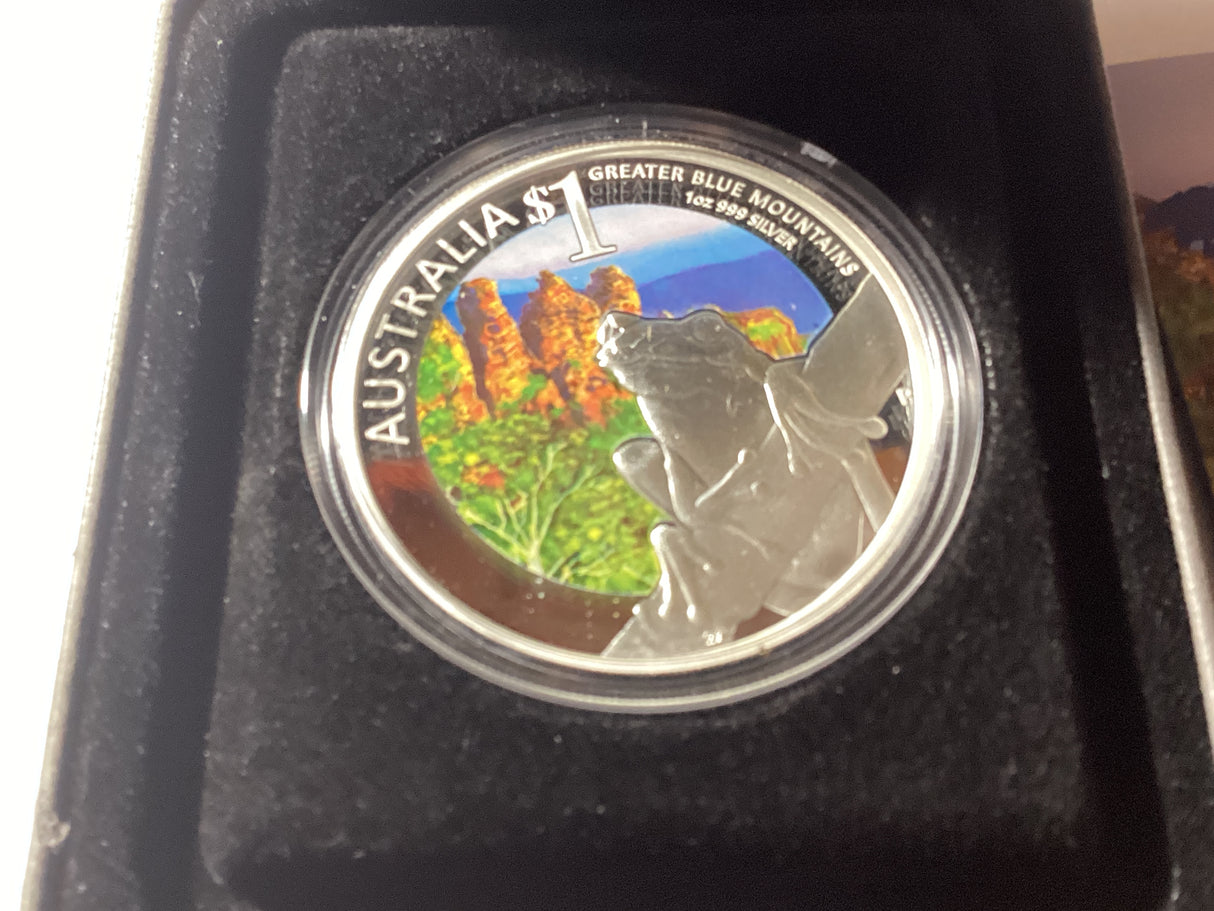 2011 $1 1oz Silver Proof Coin. World Heritage Sites.Great Blue Mountains. ANDA Sydney.