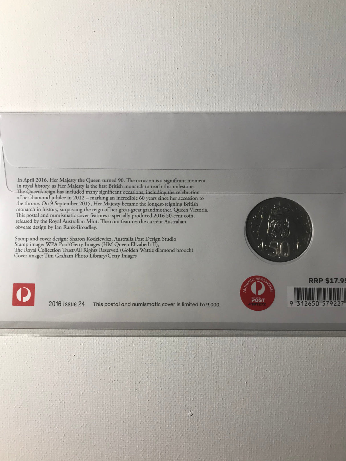 2016 PNC 50c. 1998 Rank-Broadley Portrait. Queen Elizabeth's 90th Birthday