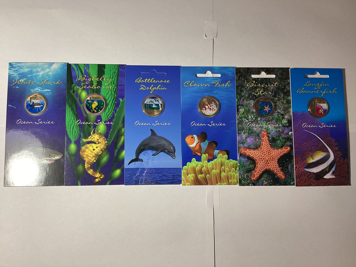 2006/2007 $1 Pad Printed Coloured Coin. Ocean Series. Complete Set.