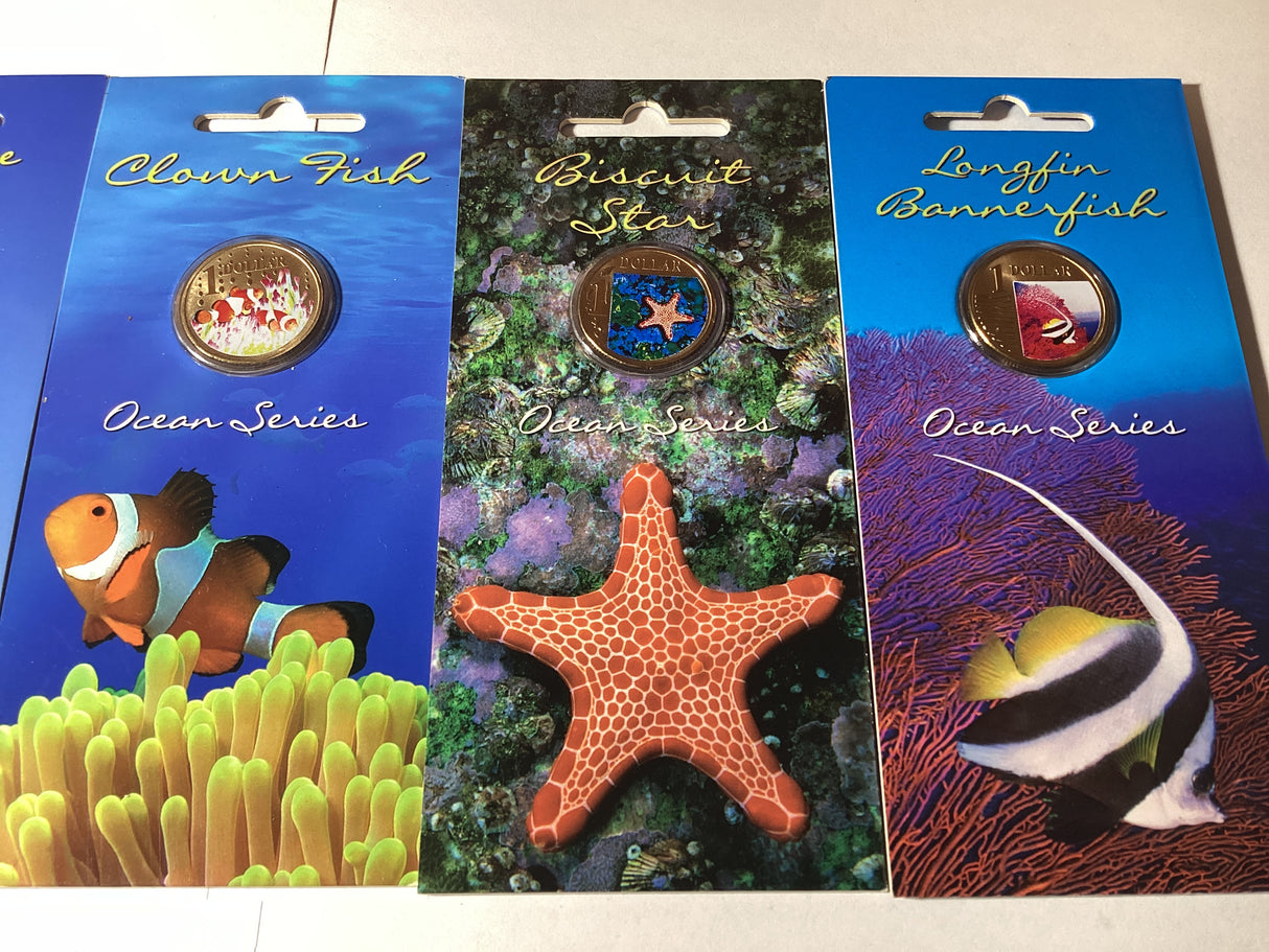 2006/2007 $1 Pad Printed Coloured Coin. Ocean Series. Complete Set.
