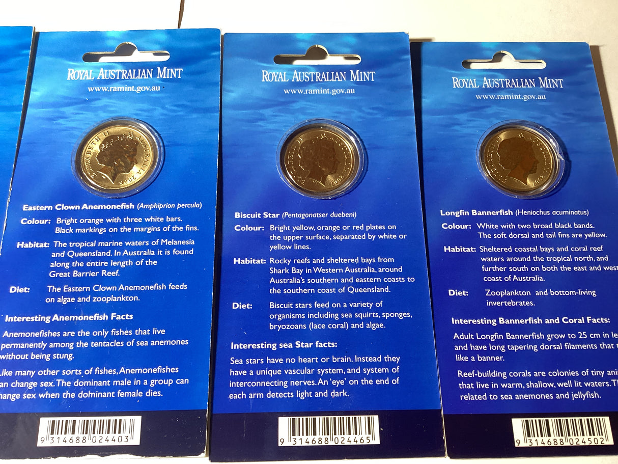 2006/2007 $1 Pad Printed Coloured Coin. Ocean Series. Complete Set.