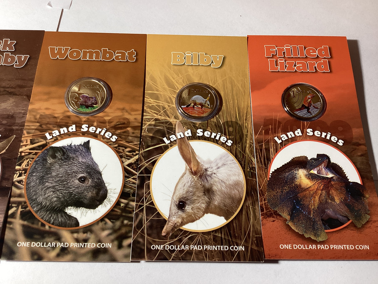 2013 $1 Pad Printed Coloured Coins. Land Series. Complete Set