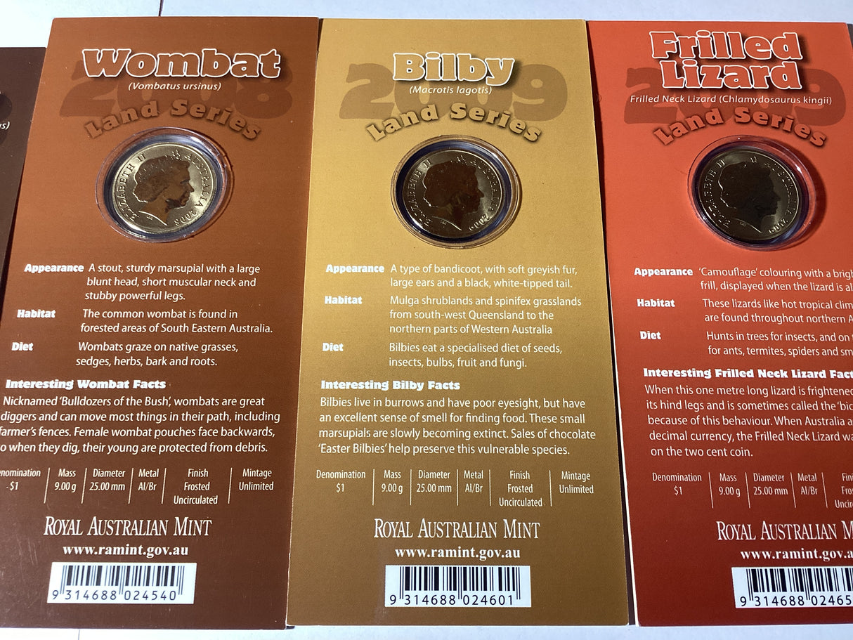 2013 $1 Pad Printed Coloured Coins. Land Series. Complete Set