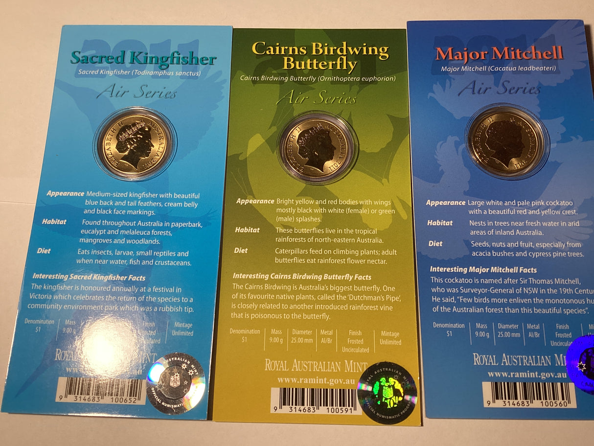 2011 $1 Pad Printed Colour Coins. Air Series. Complete Set.