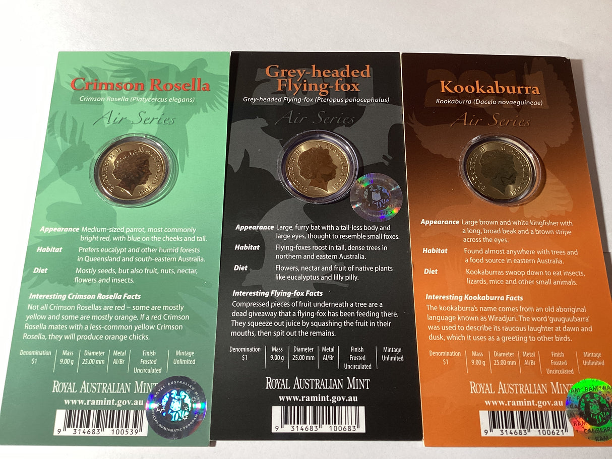 2011 $1 Pad Printed Colour Coins. Air Series. Complete Set.
