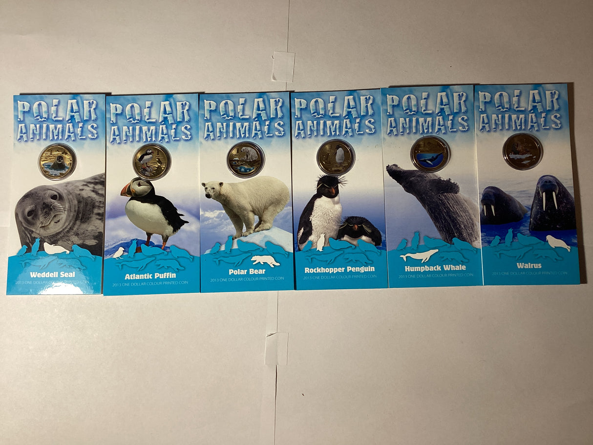2013 $1 Pad Printed Coloured Coins. Polar Animals. Complete Set.