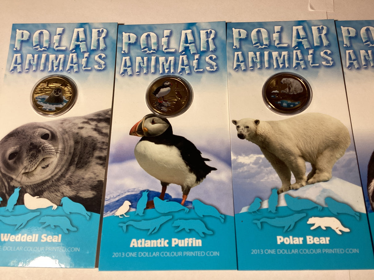 2013 $1 Pad Printed Coloured Coins. Polar Animals. Complete Set.