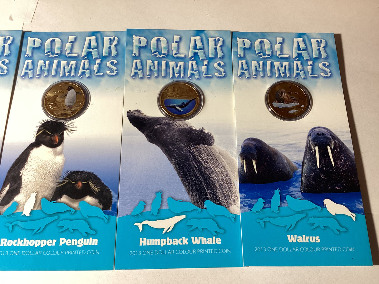 2013 $1 Pad Printed Coloured Coins. Polar Animals. Complete Set.