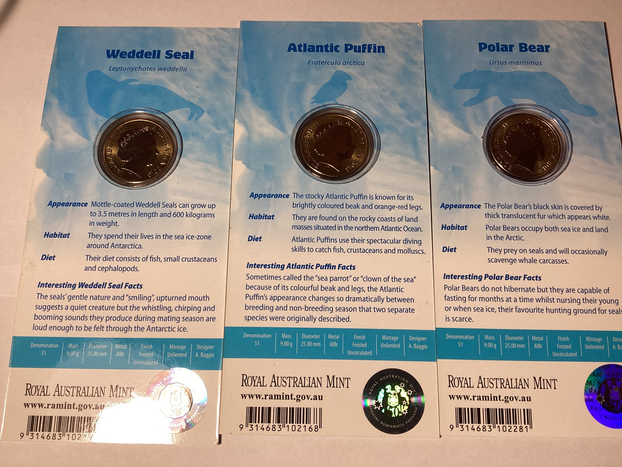 2013 $1 Pad Printed Coloured Coins. Polar Animals. Complete Set.