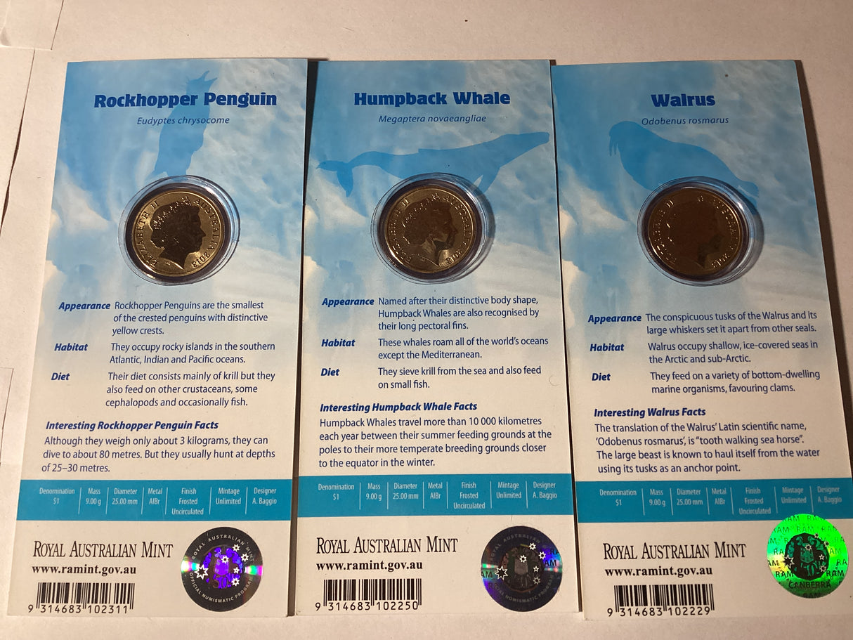 2013 $1 Pad Printed Coloured Coins. Polar Animals. Complete Set.