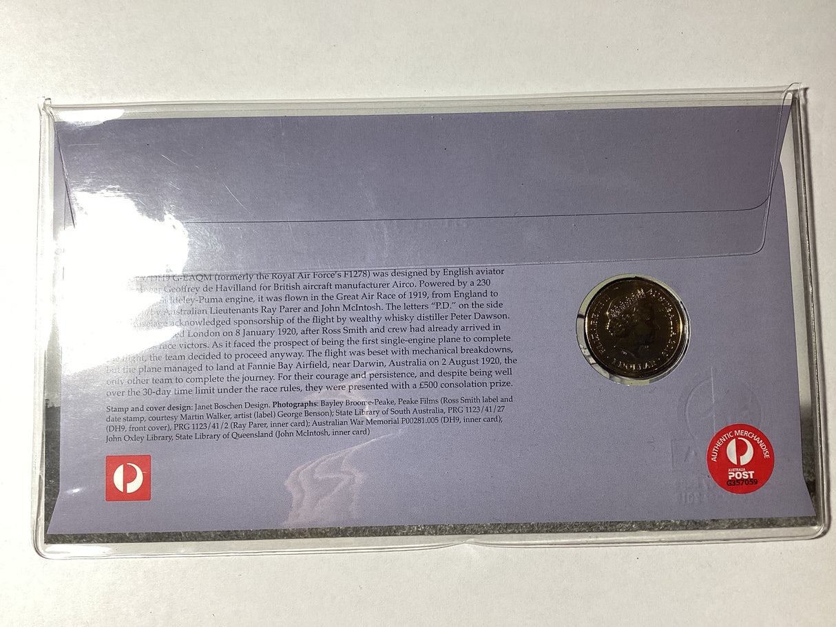 2019 $1 PNC. Centenary of First Flight. Airco DH9 G-EAQM. ANDA Sydney.