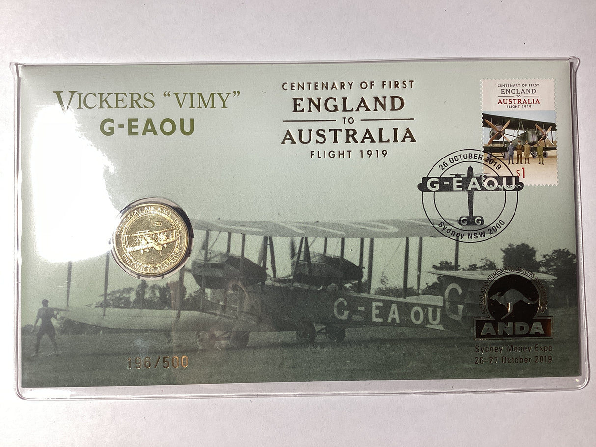 2019 $1 PNC. Centenary of First Flight. Vickers ‘Vimy’ G-EAOU. ANDA Sydney.