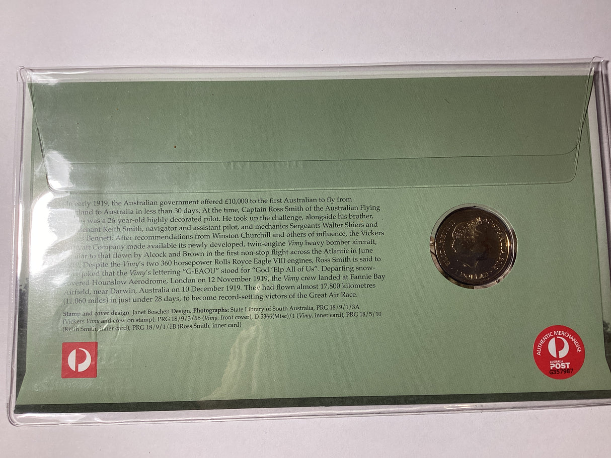 2019 $1 PNC. Centenary of First Flight. Vickers ‘Vimy’ G-EAOU. ANDA Sydney.