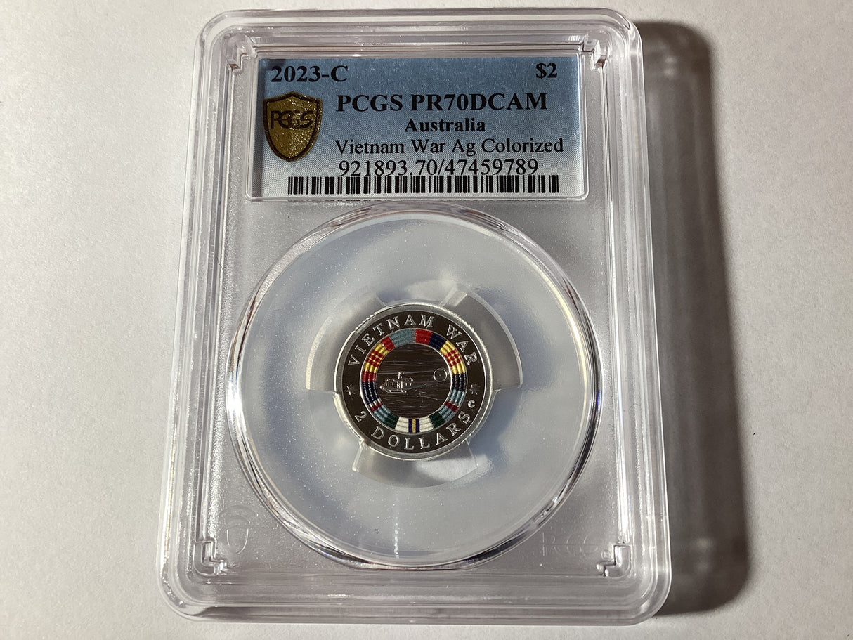 2023 $2 C Mintmark Silver Coin. Vietnam War Colourised. PR70DCAM.