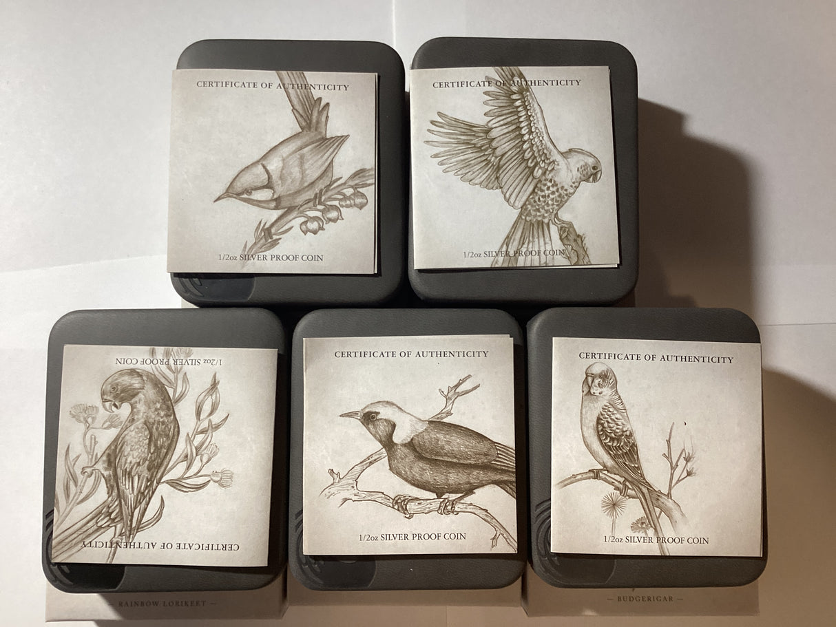 2013 Birds of Australia. 5 Coloured Silver Proof Coin Collection.