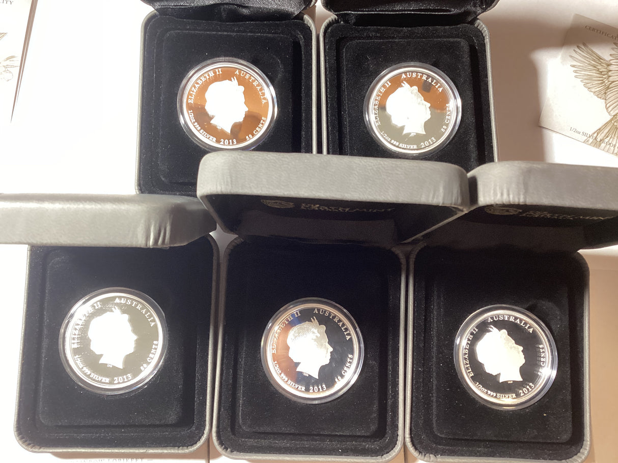 2013 Birds of Australia. 5 Coloured Silver Proof Coin Collection.