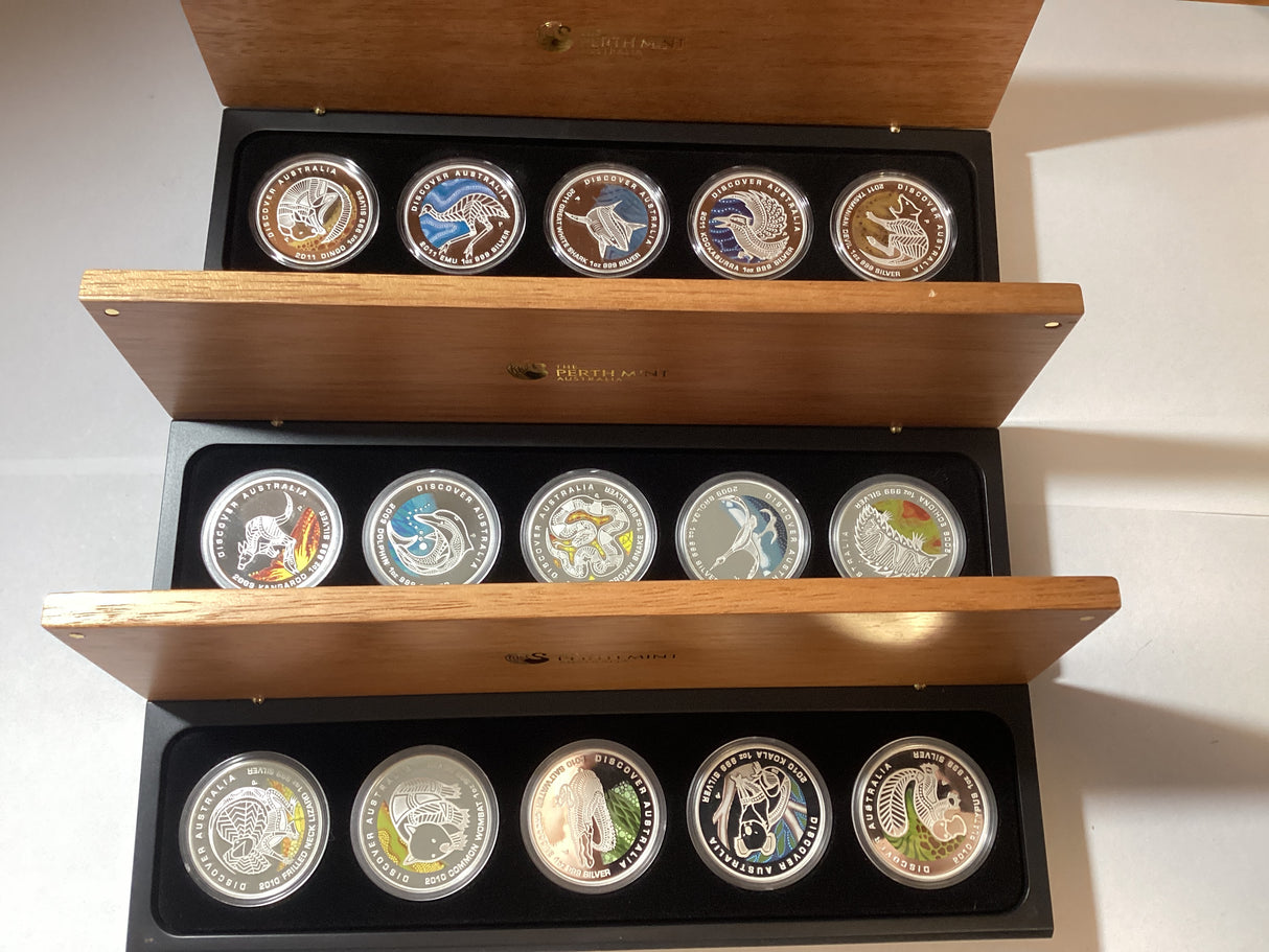 2009-2011 15 Silver Proof Coloured Coin Collection. Discover Australia.