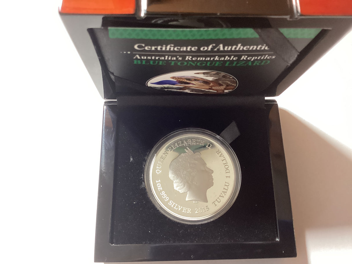 2015 $1 1oz Silver Proof Coin. Australia’s Remarkable Reptiles. Blue Tongue Lizard.