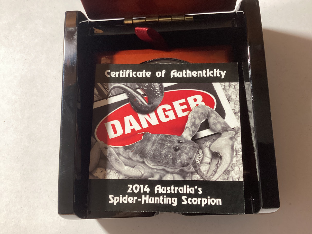 2014 $1 1oz Silver Proof Coin. Deadly and Dangerous. Spider-Hunting Scorpion.