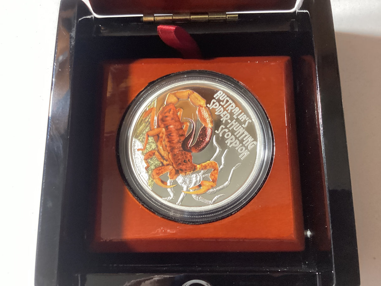 2014 $1 1oz Silver Proof Coin. Deadly and Dangerous. Spider-Hunting Scorpion.