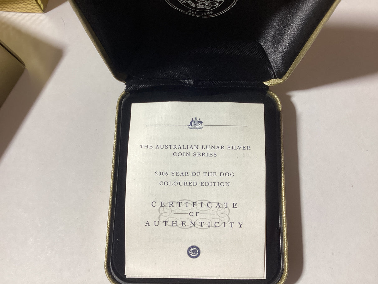 2006 $1 Lunar Series. Year of the Dog Coloured Edition. 1oz Silver Proof Coin.