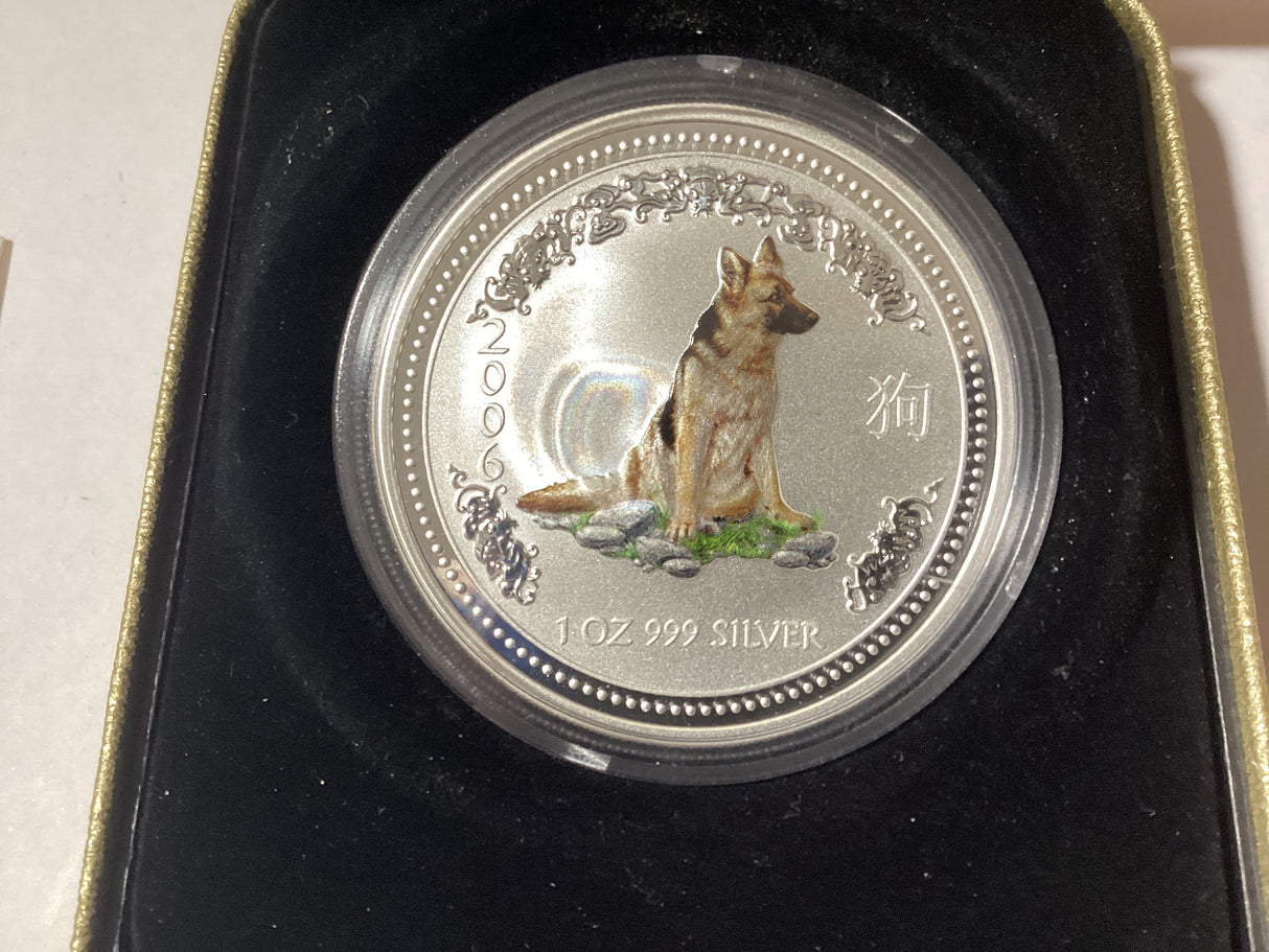 2006 $1 Lunar Series. Year of the Dog Coloured Edition. 1oz Silver Proof Coin.