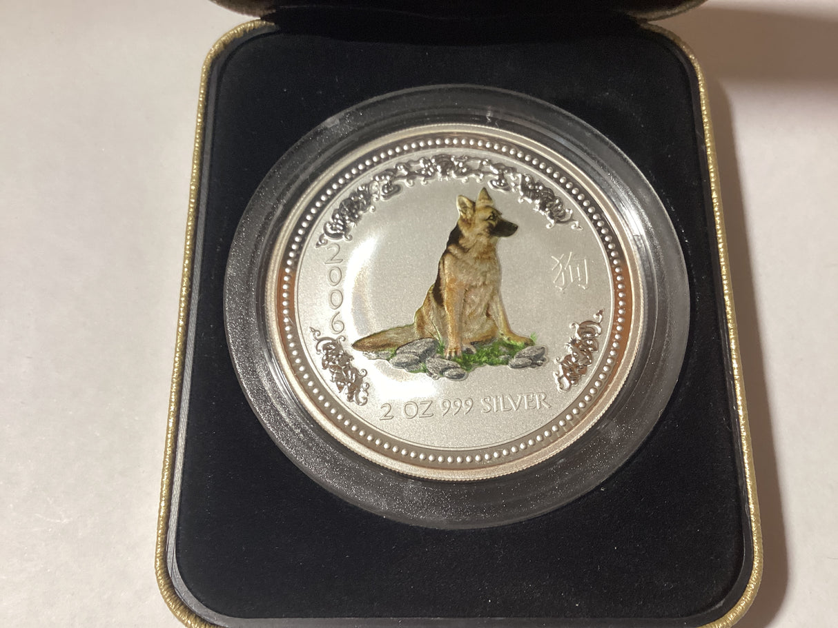 2006 $2 Lunar Series. Year of the Dog Coloured Edition. 2oz Silver Proof Coin. ANDA Release.