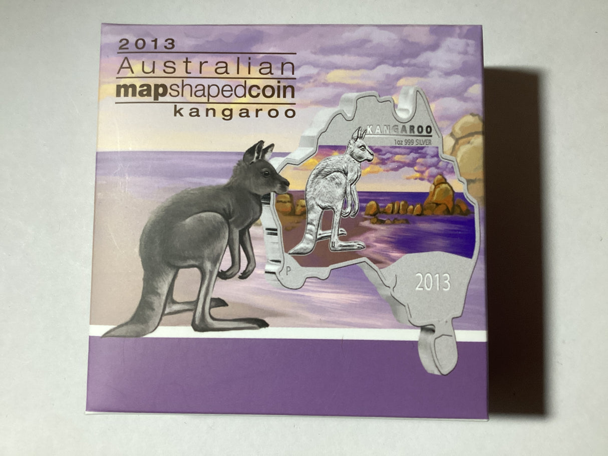 2013 $1 1oz Silver Proof Coin. Australia Map Shaped Coin. Kangaroo.