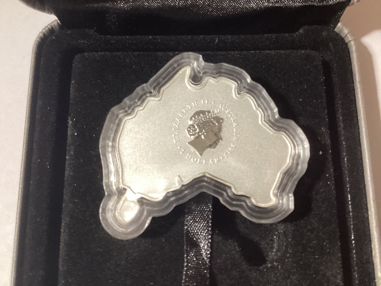 2013 $1 1oz Silver Proof Coin. Australia Map Shaped Coin. Kangaroo.
