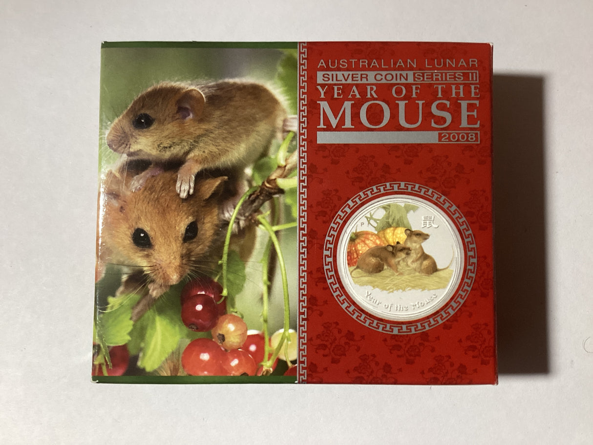 2008 $1 Lunar Series II. Year of the Mouse. 1oz Coloured Silver Coin.