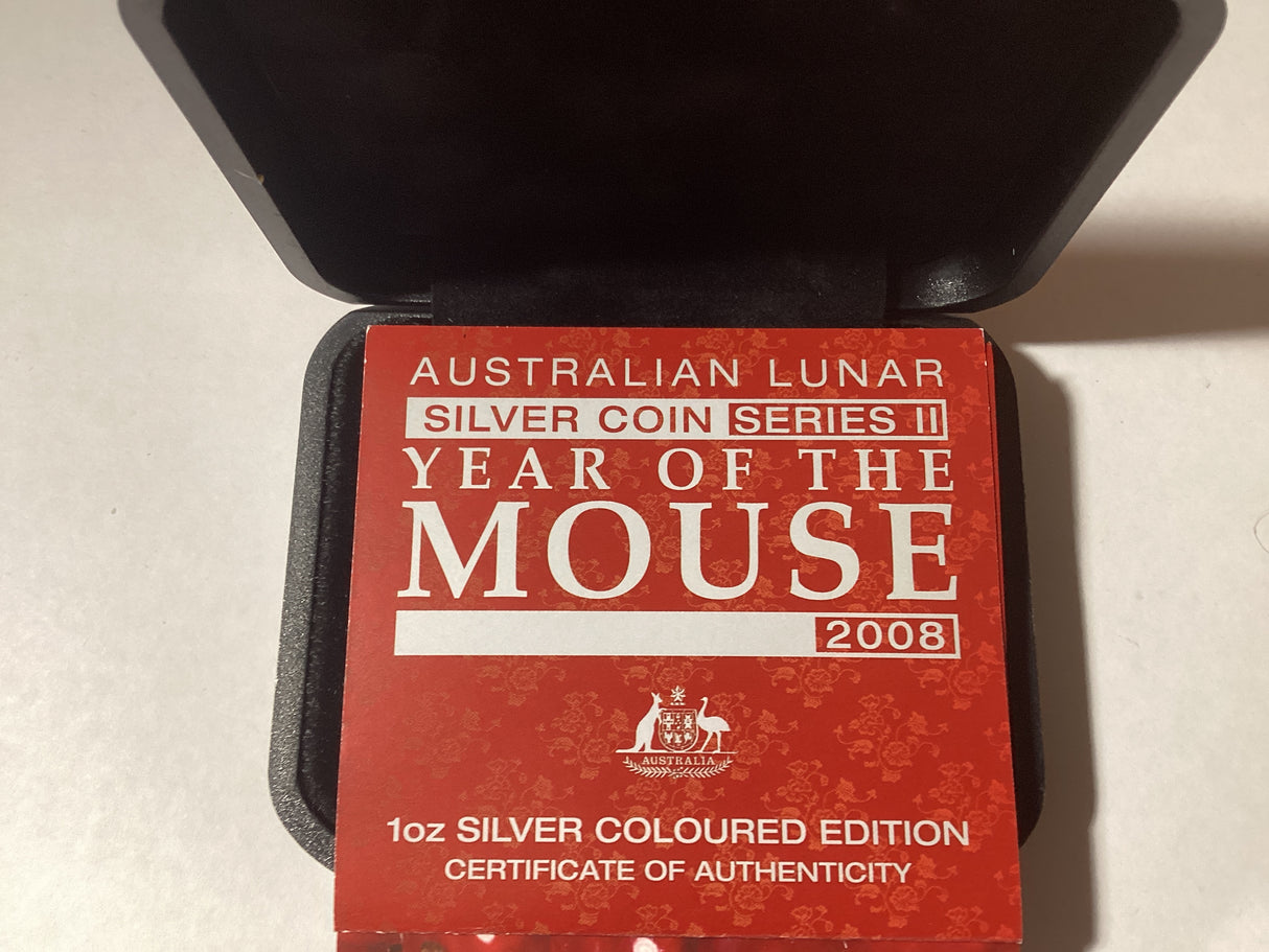 2008 $1 Lunar Series II. Year of the Mouse. 1oz Coloured Silver Coin.