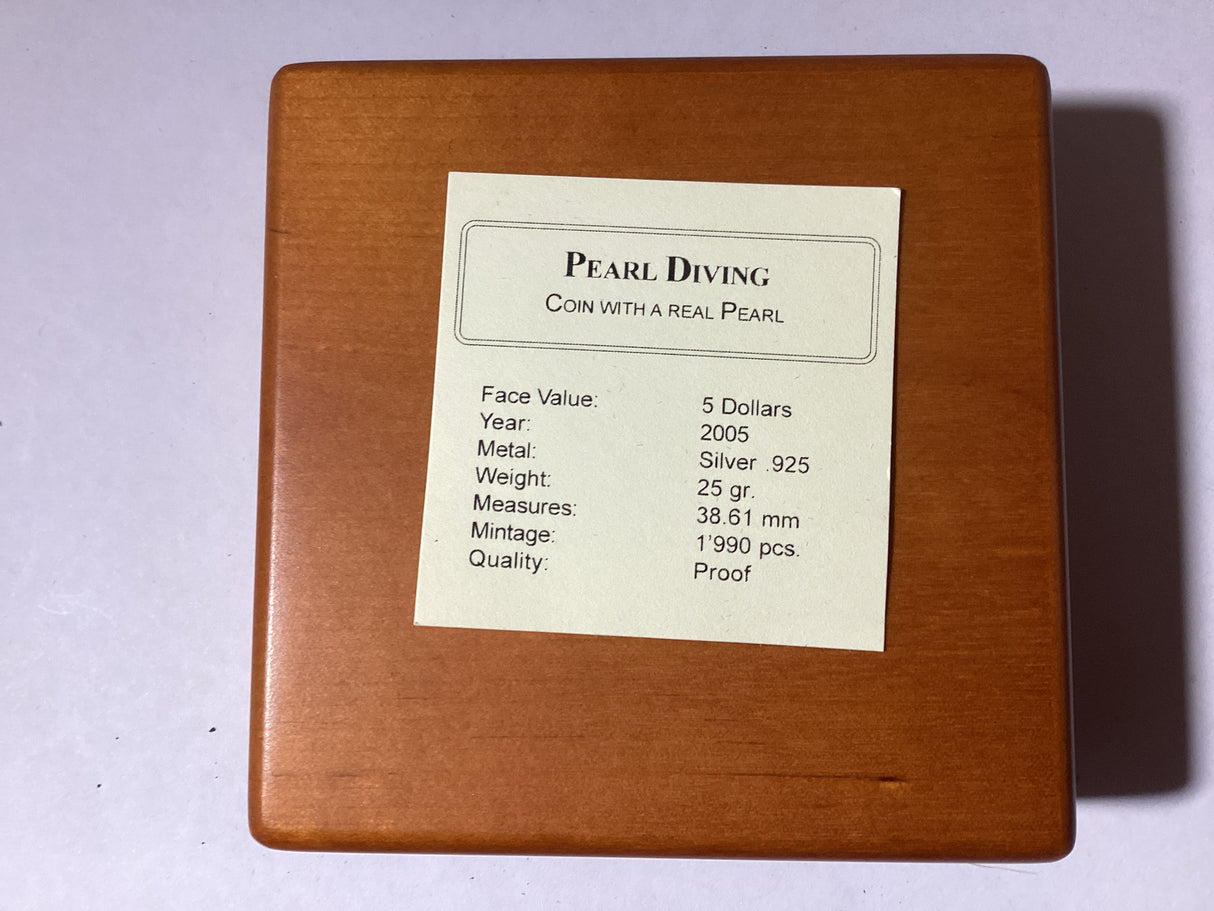 2005 $5 Silver Proof Coin. Pearl Diving Coin with a Real Pearl.