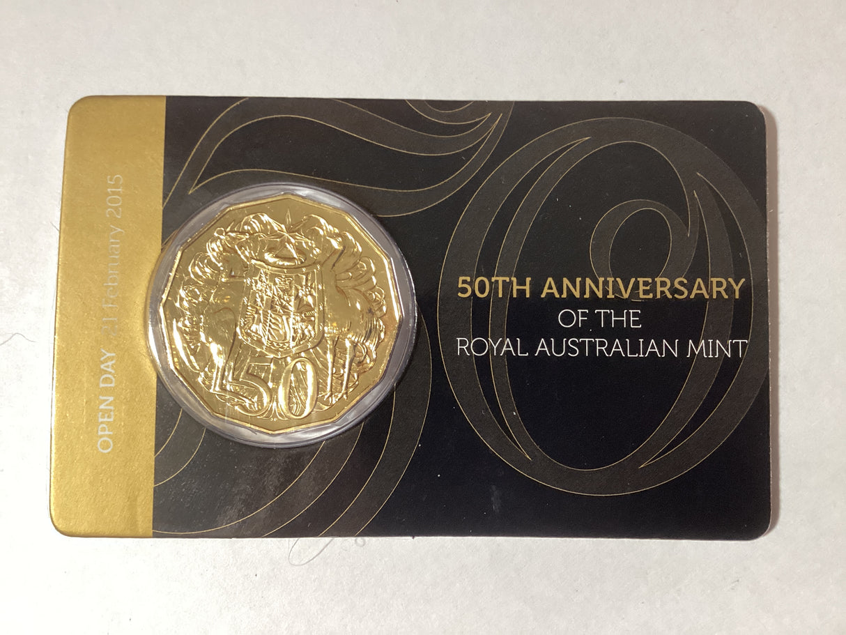 2015 50c Carded Coin. 50th Anniversary of the Royal Australian Mint. Open Day.