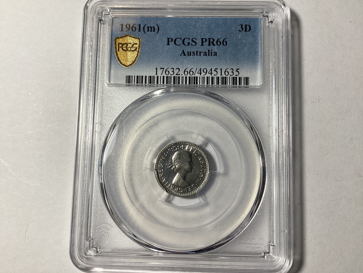 1961 Melbourne Proof Three Pence. PCGS PR66.