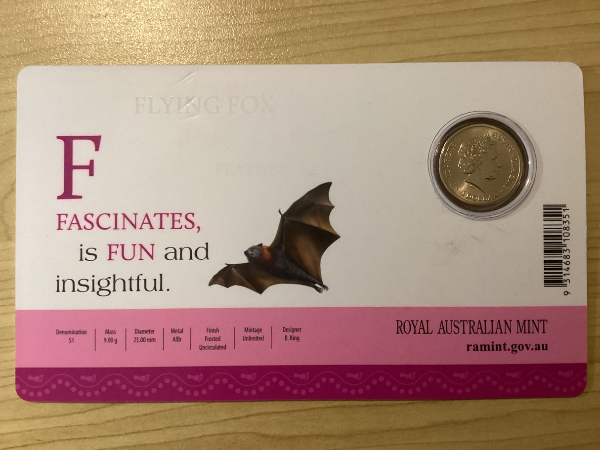 2016 $1 F is for Flying Fox Coloured Carded Coin