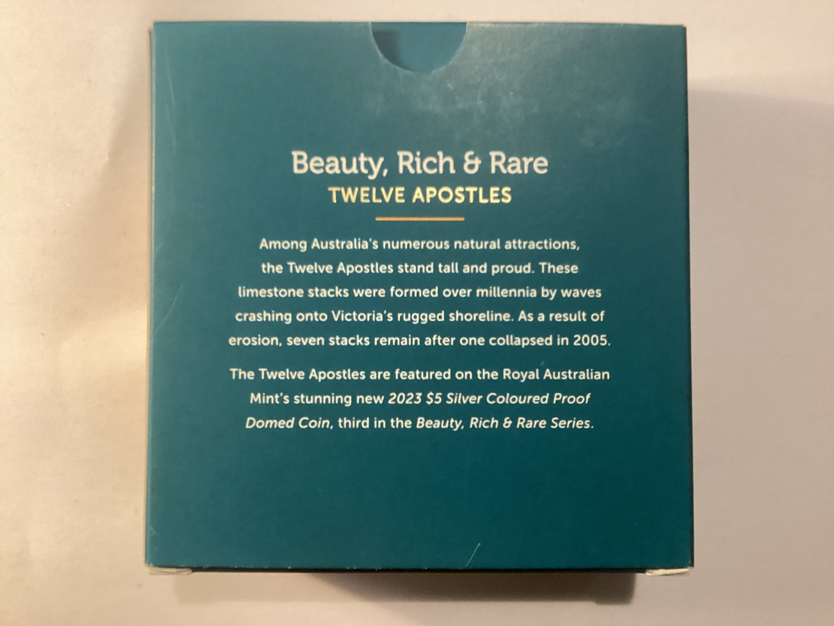 2023 $5 1oz Silver Coloured Proof Domed Coin. Beauty, Rich, Rare. Twelve Apostles.