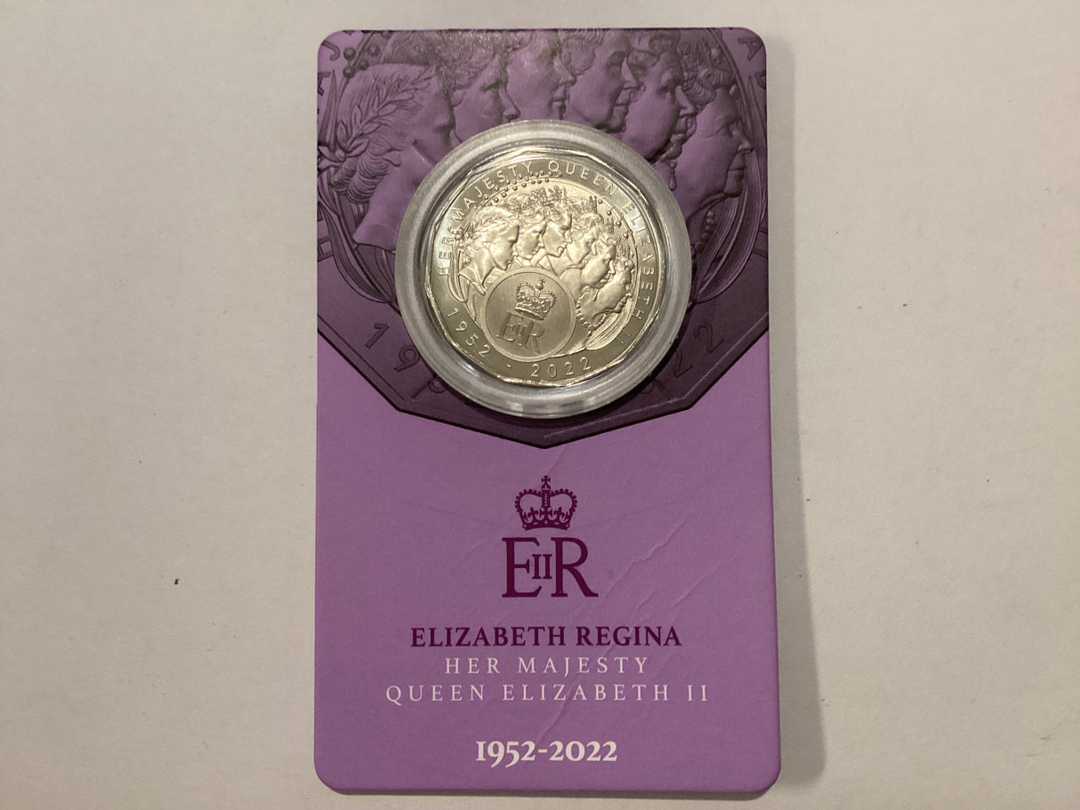 2023 50c Carded Coin. Elizabeth Regina. Platinum Jubilee. 1952-2022
