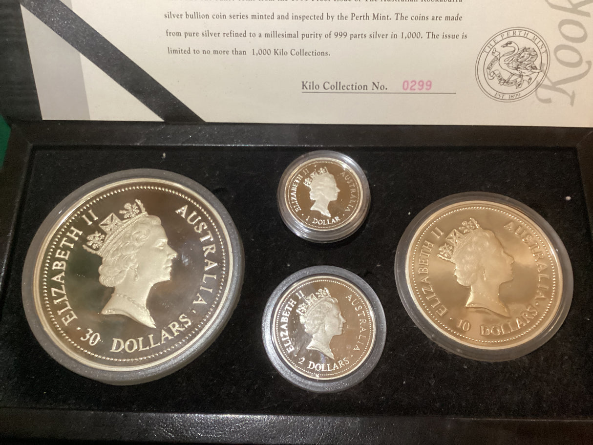 1995 Australian Kookaburra Proof Issue Kilo Collection. 1kg, 10oz, 2oz, 1oz.