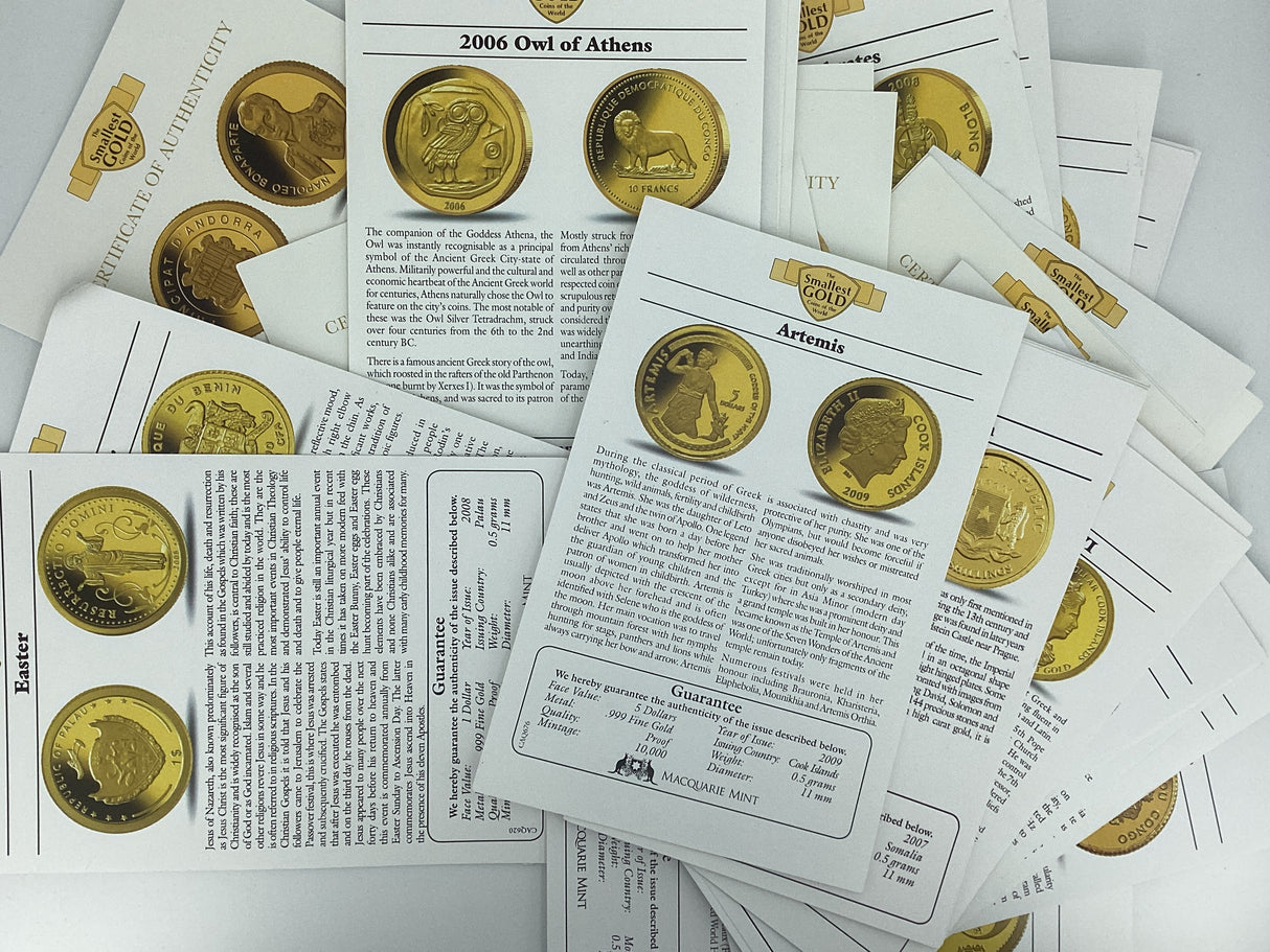 2005- The Smallest Gold Coins of the World. Multiple Countries. 0.5 Grams of Pure Gold in Each Coin.