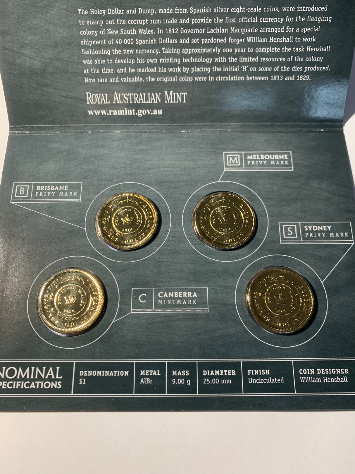 2013 $1 Four Coin Mintmark and Privy Mark Set. Bicentenary of the Holey Dollar & Dump.
