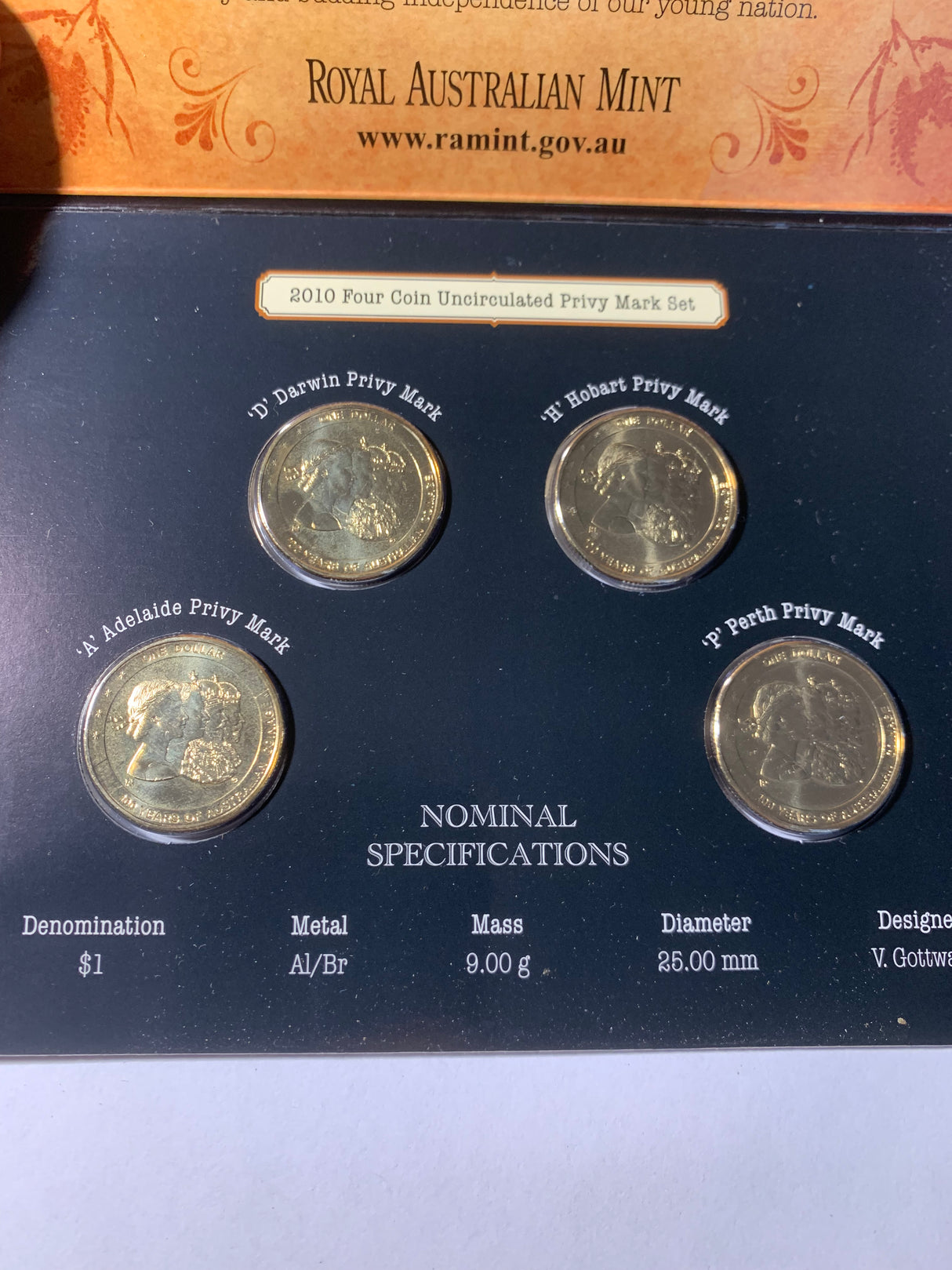 2010 $1 Four Coin Uncirculated Privy Mark Set. 100 Years of Australian Coinage.