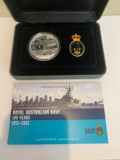 2011 Royal Australian Navy. 100 Years. 1 Ounce Silver Proof Coin and Badge set