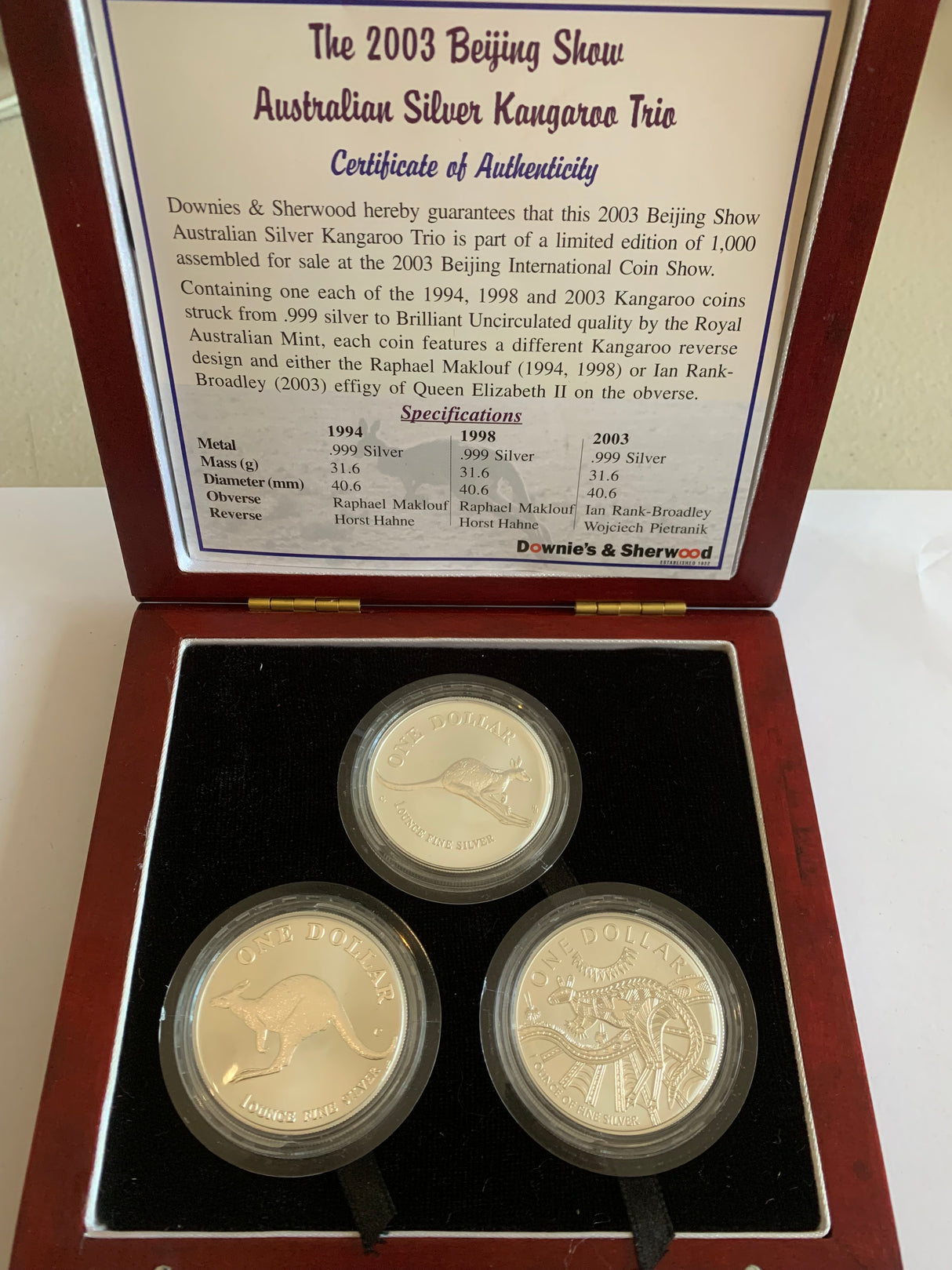 2003 Beijing Coin Show - Australian Silver Kangaroo Trio - 3 x 1oz Silver Kangaroo Coins