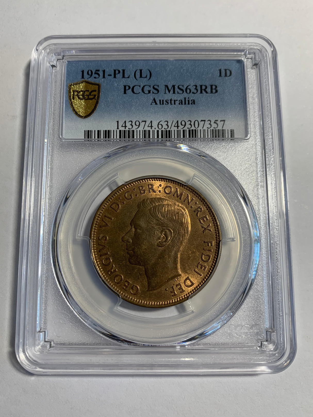 1951-PL (L) Australian Penny. PCGS MS63RB