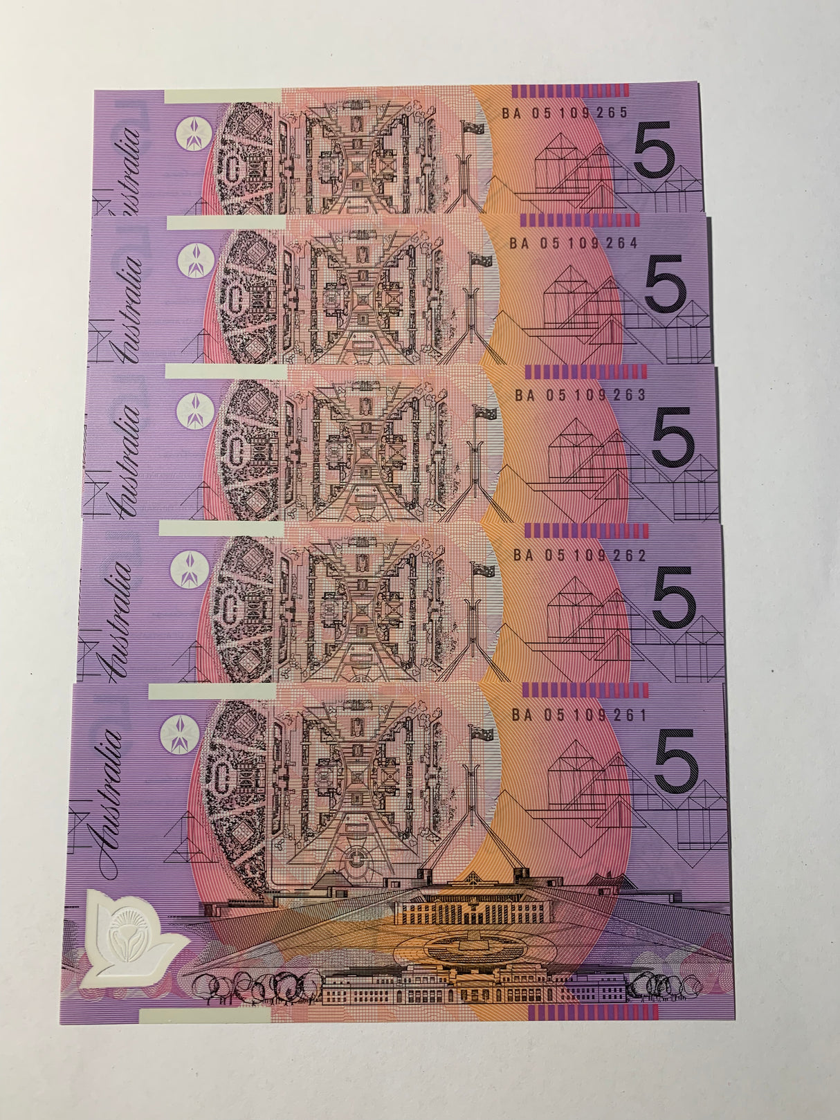 2005 $5 First Prefix Banknote. Uncirculated. Run of 5. R220cF.