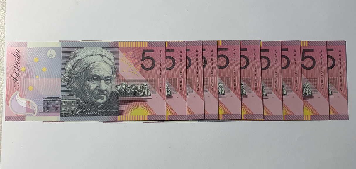 2001 $5 First Prefix Banknote. Uncirculated. Run of 10. R219F