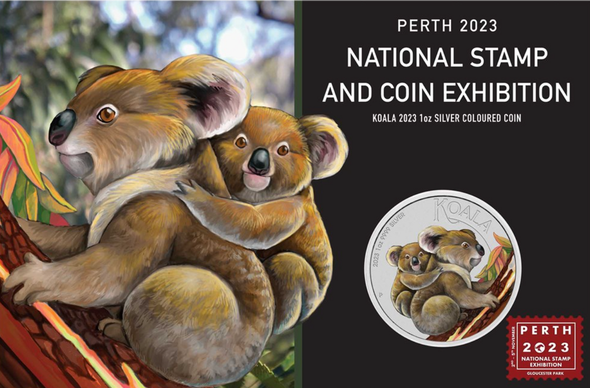 2023 Perth National Stamp and Coin Exhibition. Koala 1oz Silver Coloured Coin In Card