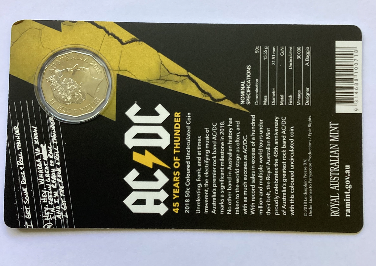 2018 50c Coloured Uncirculated Coin ACDC 45 Years of Thunder